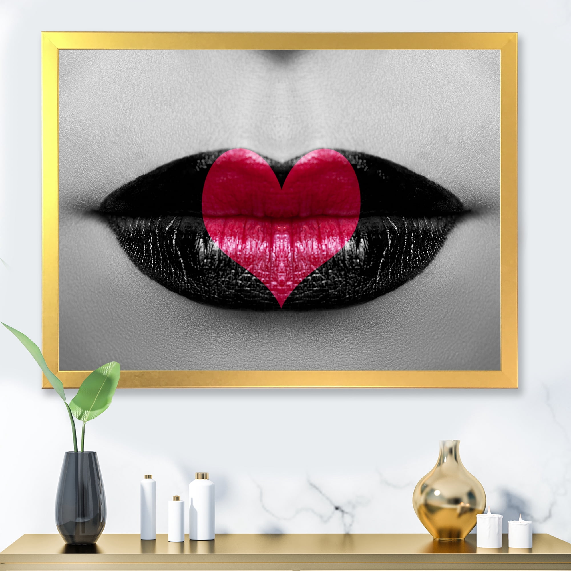 Designart 'Red Heart In Monochrome Lips' Modern Framed Art Print