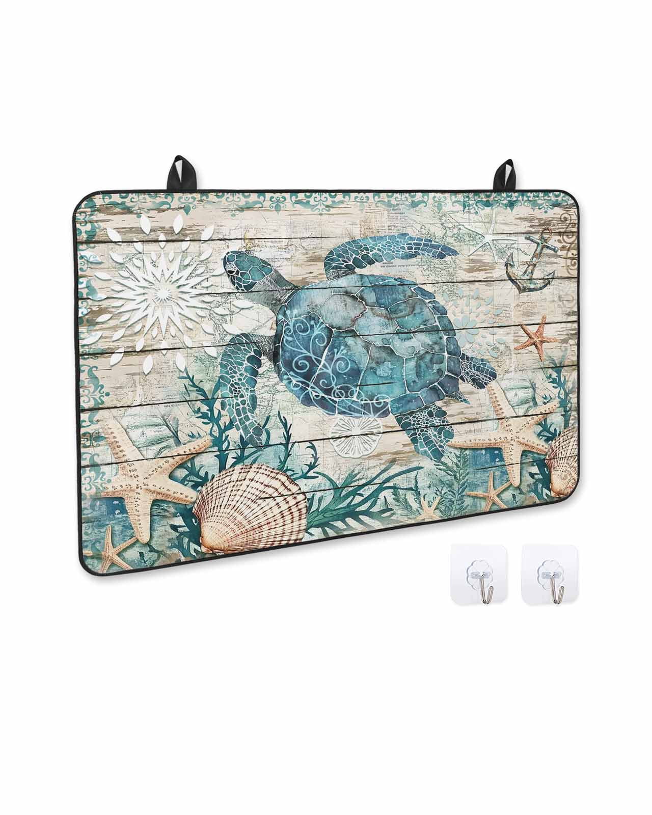 nqOlkjepod Large Induction Cooktop Protector Mat 36"x21", Teal Coastal Turtle Stove Top Covers for Electric Stove, Ocean Coral Nautical Anchor Retro Stove Burner Cover Mats, Glass Top Stove Cover