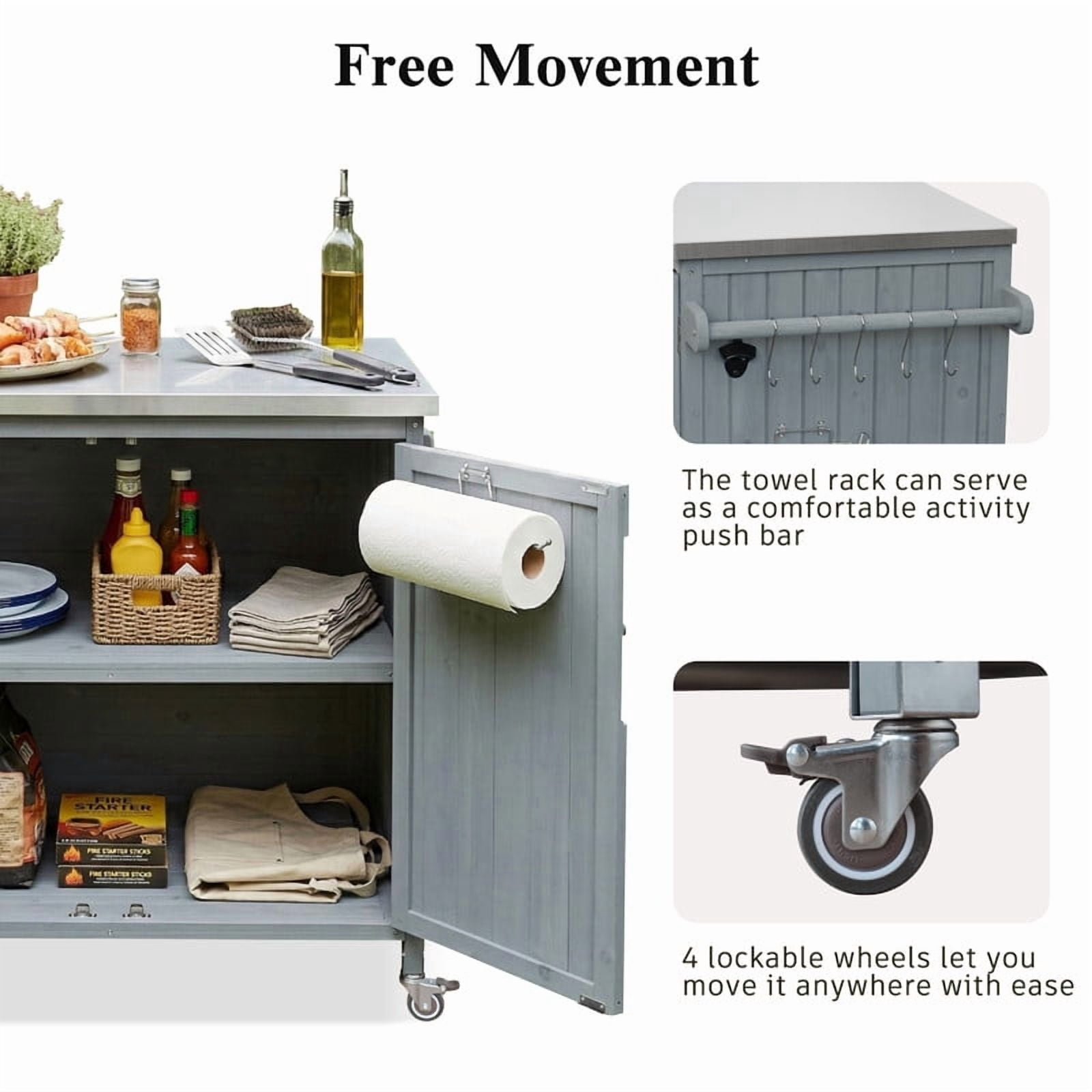 42" Outdoor Kitchen Island with Stainless Steel Top, Fir Wood Grill Cart Outdoor Storage Cabinet with Adjustable Shelf and 4 Wheels