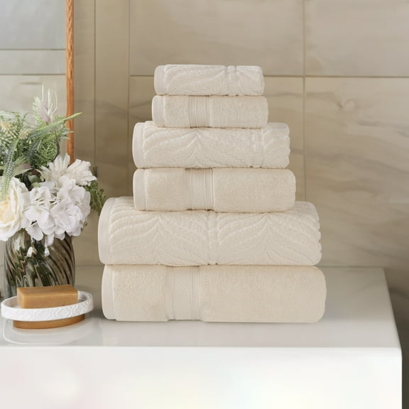BNM Chevron Zero Twist Cotton 6 Piece Towel Set, Ivory