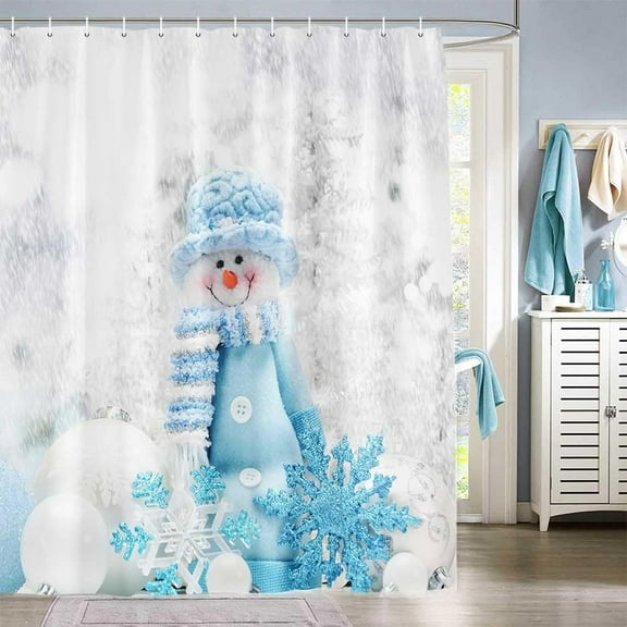 Cute Blue Snowman Shower Curtain for Bathroom, Merry Christmas Snowflake Christmas Bulbs Shower Curtain Sets, Santa Claus Winter Waterproof Fabric bath Curtain with Hooks, 72X72in
