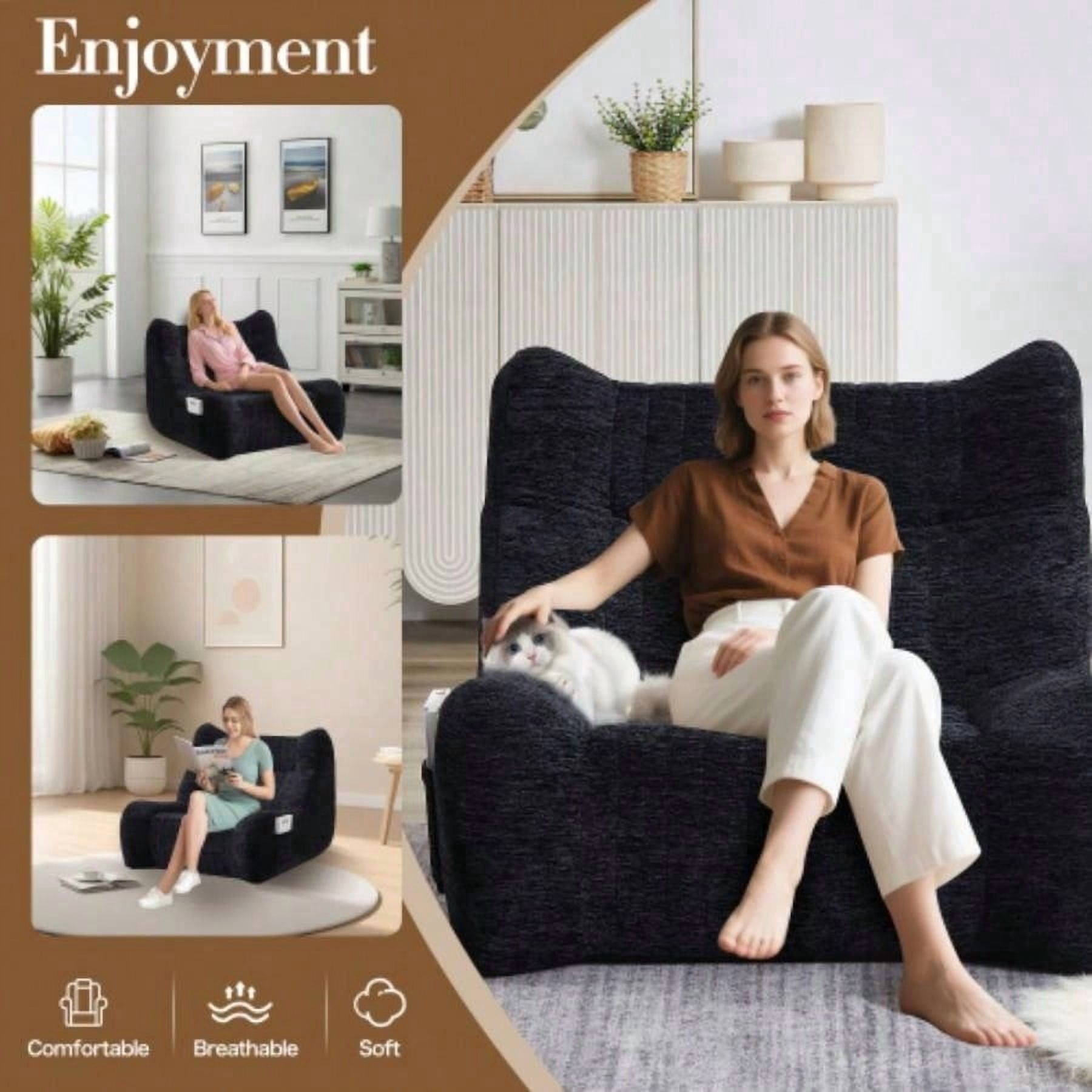 Bean Bag Chair Adults with Armrests - Oversized Comfy Beanbag Lounge Lazy Floor Sofa Accent Chair Living Room, Bedroom Black