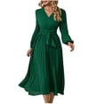 thumbnail image 1 of ICHUANYI Clearance Women's Summer Slim Pleated Belt Long Sleeve V-Neck A-Line Dress(Green, XL) ICHUANYI WER2023080808557, 1 of 6