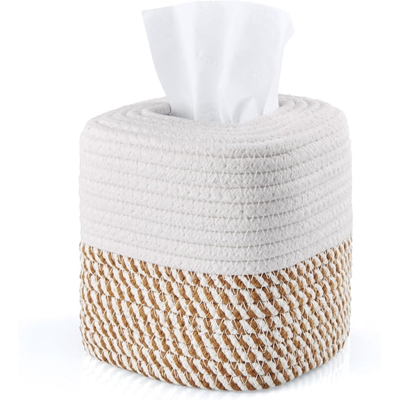Extra Large Cotton Tissue Box Cover Square - Handwove Rope Tissue Box Holder for Tabletop Bathroom Office Countertops - Decorative Cube Tissue Box Cover for Modern Farmhouse Boho Decor