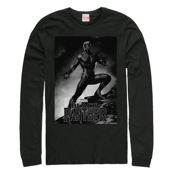Men's Marvel Black Panther 2018 Grayscale Pose Long Sleeve Shirt Black Medium