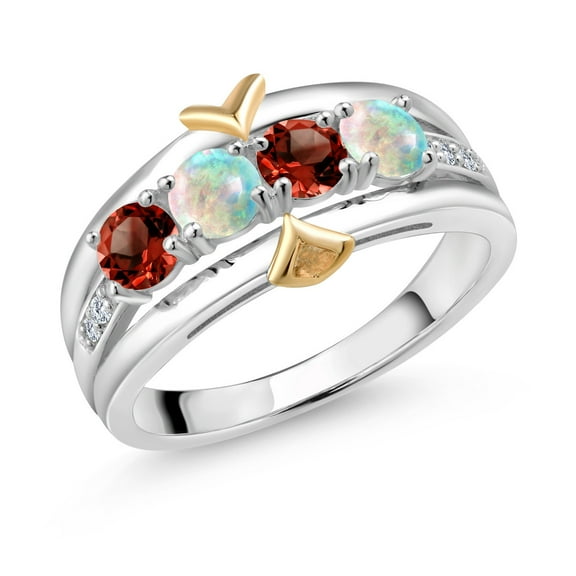 Gem Stone King 1.29 Ct Round Red Garnet White Simulated Opal 925 Silver and 10K Yellow Gold 4-Stone Lab Grown Diamond Band Ring (Size 9)