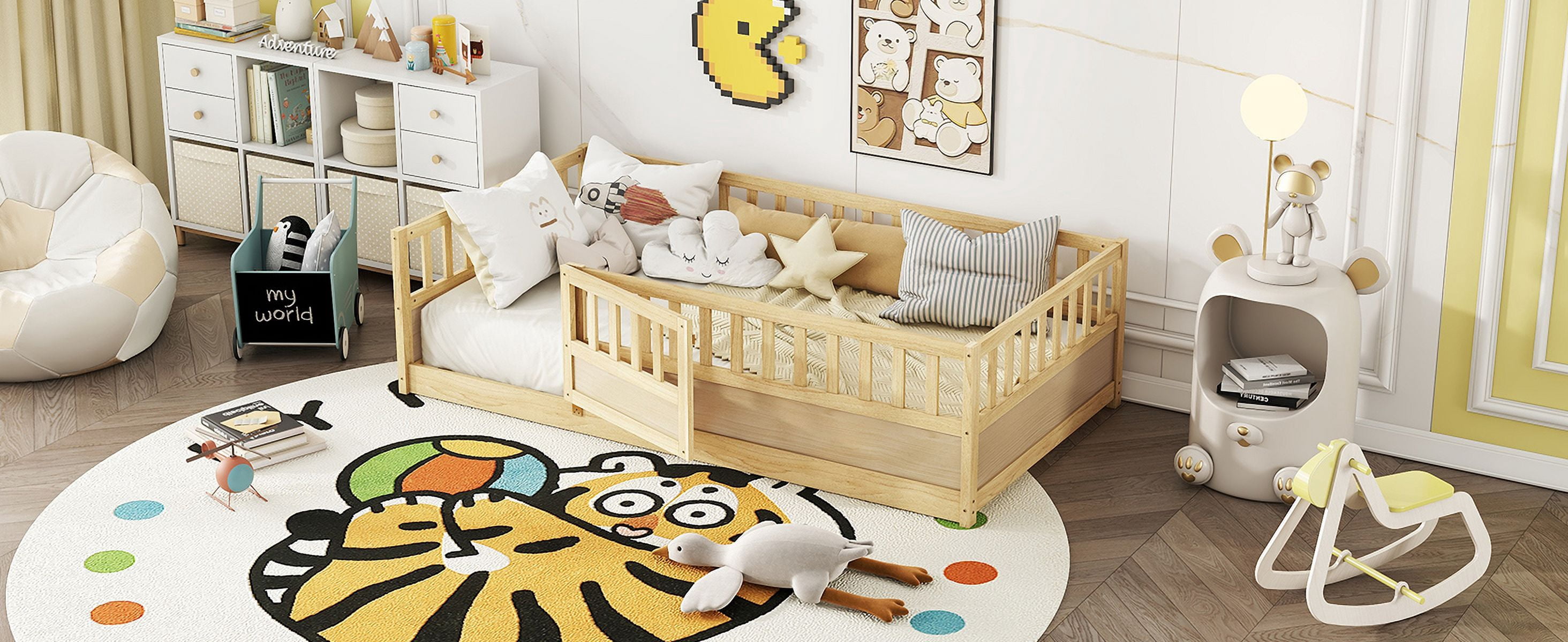 Solid Pine Twin Montessori Floor Bed with Ultra-High Integrated Safety Fence & Clockwise Opening Access Door, Patented Kids Platform Bed with Support Slats Single Package Easy Assembly