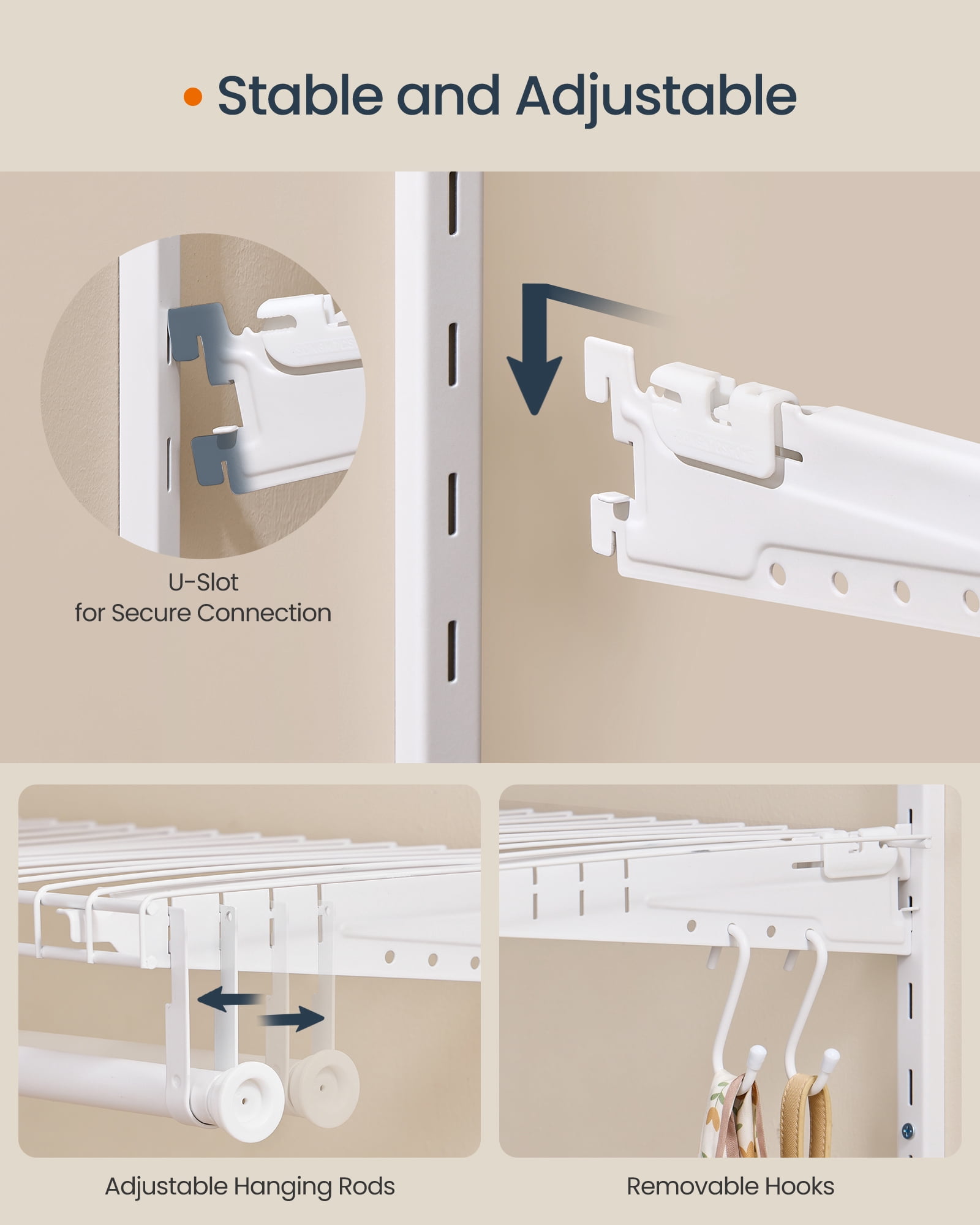 2-4 ft Adjustable Closet System - Metal Shelving Unit with 2 Rods & Shelves, 141 lb Capacity, for Wardrobe/Pantry, Cloud White