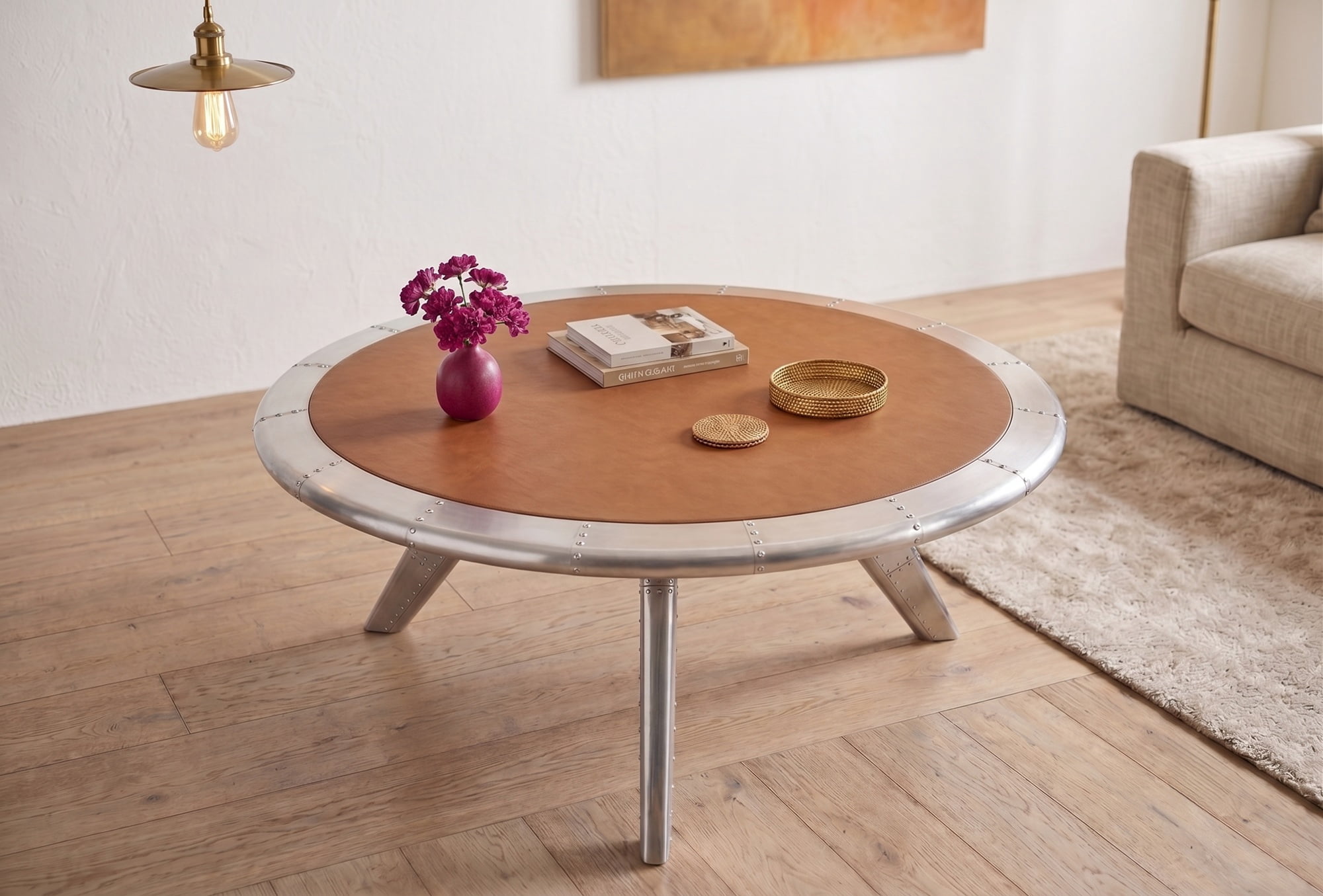 Aviator Round Coffee Table Industrial Aluminum & Leather Accent Center Table with Exposed Rivet Detail
