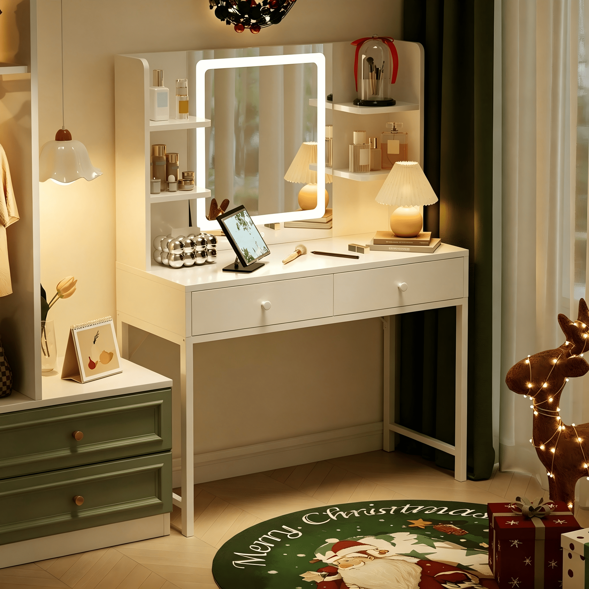 Vanity, White Lighted Vanity with Mirror, Makeup Vanity with Adjustable Lighting, 2 Storage Drawers, 6 Storage Shelves for Girls Perfect Gift