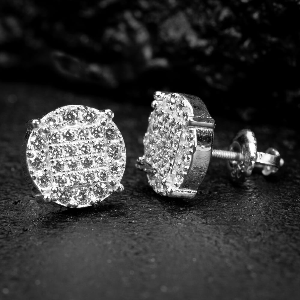 Men's Round Micro Pave Set White Gold Plated Sterling Silver Stud Screw Back Earrings