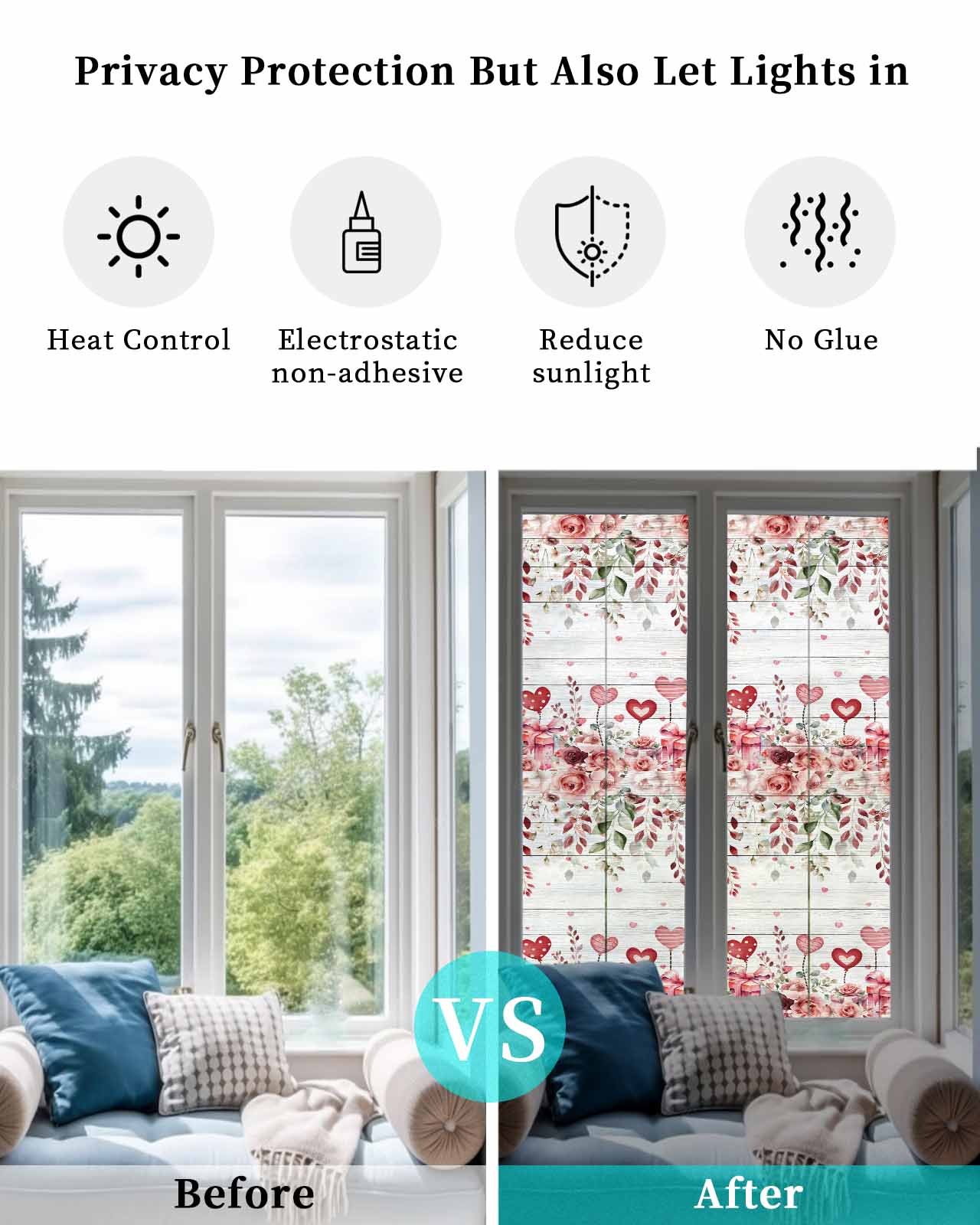 Pink Valentine's Day Window Privacy Film Stained Glass Window Film Decorative Windows Cover Static Windows Cling for Glass Door Spring Floral Wooden Love Heart Stickers for Bathroom 23.6"x78.7"