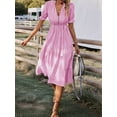 thumbnail image 3 of Women'S Summer Ruffle Puff Sleeve Dress Short Sleeve V Neck High Waist Casual Loose Striped Midi Dresses Pink M, 3 of 6