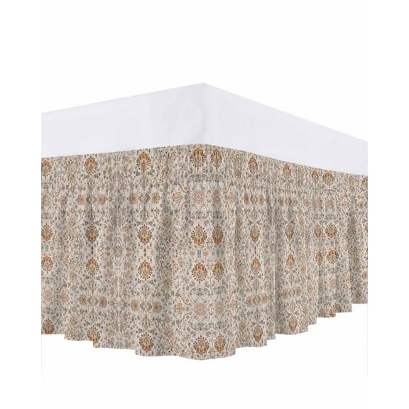 Boho Vintage Bed Skirt Tribal Style Flowers Bed Skirts California King Size 16 Inch Drop, Wrap Around Dust Ruffle Bedskirt with Adjustable Elastic Belt for Queen Size Beds