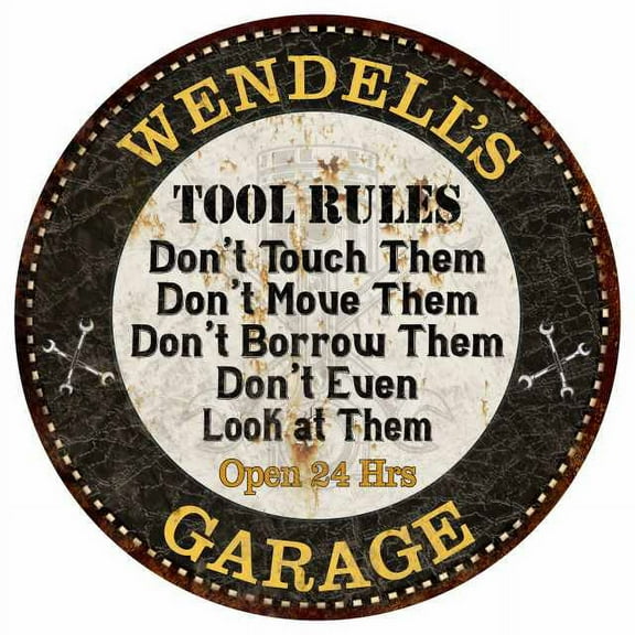 WENDELL'S Garage Rules 14" Round Metal Sign Garage Bar Wall Decor 100140013450