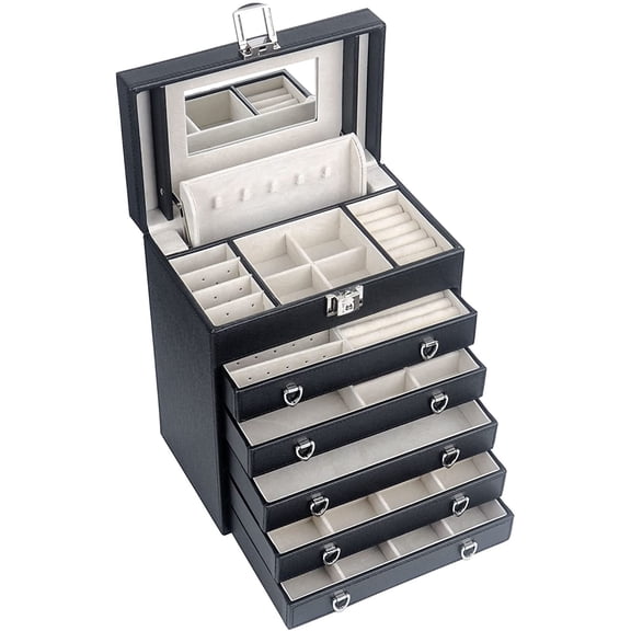 Kendal 6 Layer Large Leather Jewelry Box for Women, Lockable Jewelry Organizer Case with Mirror for Necklace, Ring, Jewelry LJC09BK