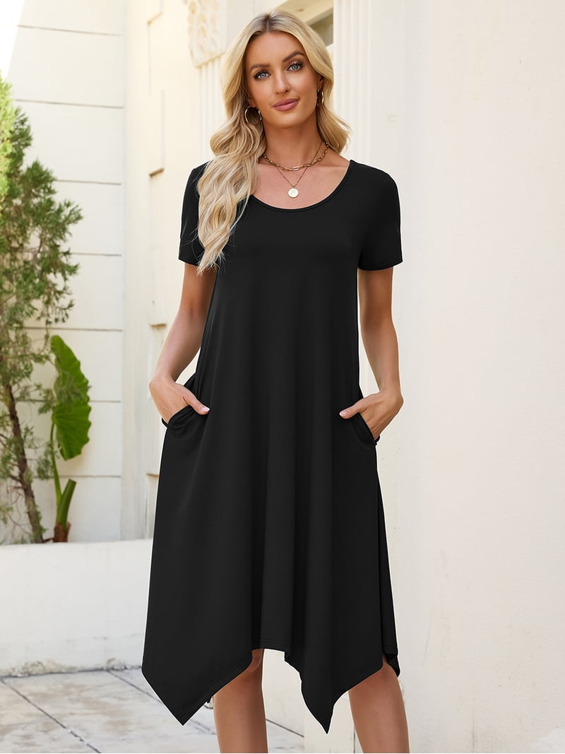 black short sleeve swing dress Amazon.com: Flowy Black Midi Sundress with Pockets