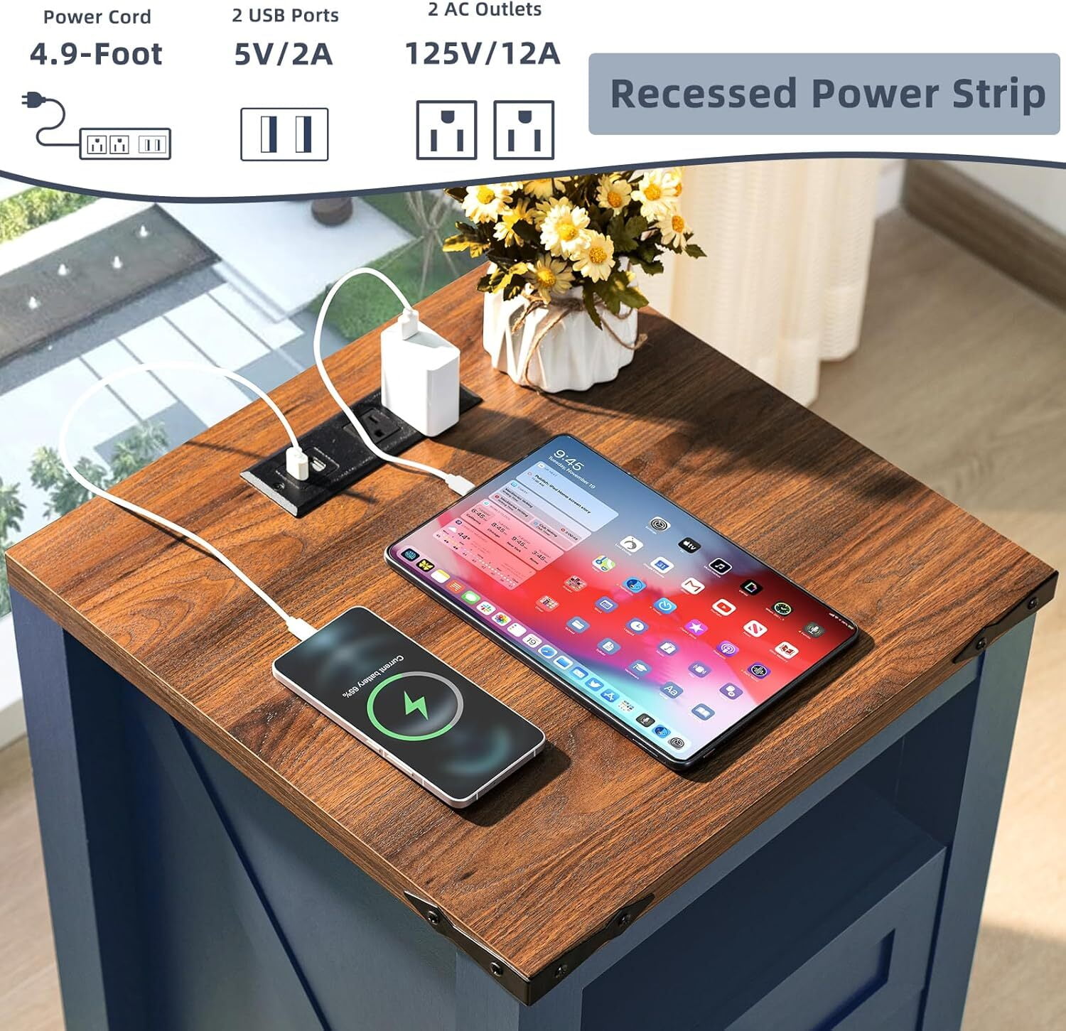 Joaxswe Farmhouse Coffee Table Sets of 3, Large End Side Tables with Charging Station & Coffee Table with Hidden Storage Space, Navy