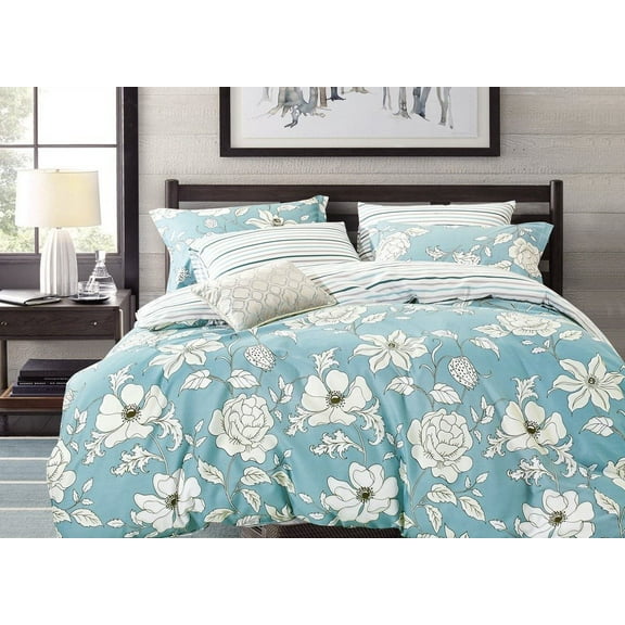 Swanson Beddings Blue Floral 5-Piece 100% Cotton Bedding Set: Duvet Cover, Two Pillow Shams and Two Pillowcases (King)