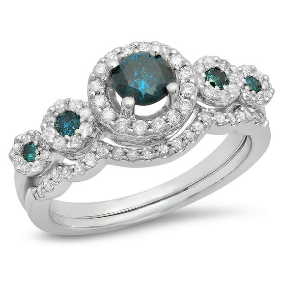 Dazzlingrock Collection 1.05 Carat (Ctw) 14K Blue & White Diamond 5 Stone Halo Bridal Engagement Ring Set, White Gold, Size 5