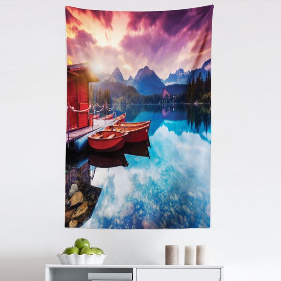 Mountain Tapestry, Peaceful Mountain Lake Majestic Sky and Mountains South Asia Romantic View, Fabric Wall Hanging Decor for Bedroom Living Room Dorm, 5 Sizes, Multicolor, by Ambesonne