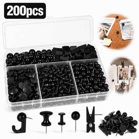 Genreen 200 Pieces Push Pins Thumb Tacks Black Push Pins for Cork Board, 5 Style for Bulletin Boards Wall Maps Pictures Office Home Supplies