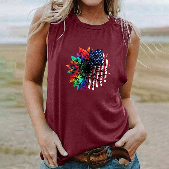 EQWLJWE T-shirts Sans Manches pour Femmes Débardeur d'Été pour Femmes Femmes Col Rond Imprimé Décontracté Débardeurs Pullover Sans Manches T-shirt