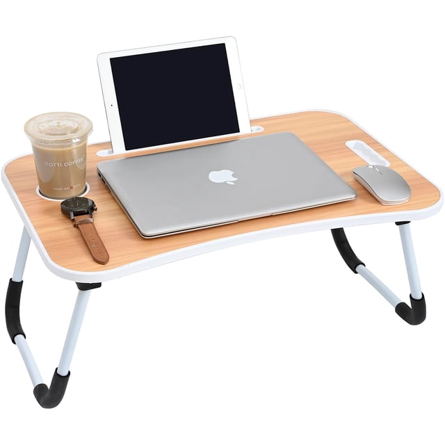 Laptop Bed Table,Notebook Table Dorm Desk,Portable Lap Desk,Notebook Table Dorm Desk with Foldable Legs & Cup Slot,for Eating Breakfast,Reading,Watching Movie on Bed/Sofa(60 x 40cm) (Wood)