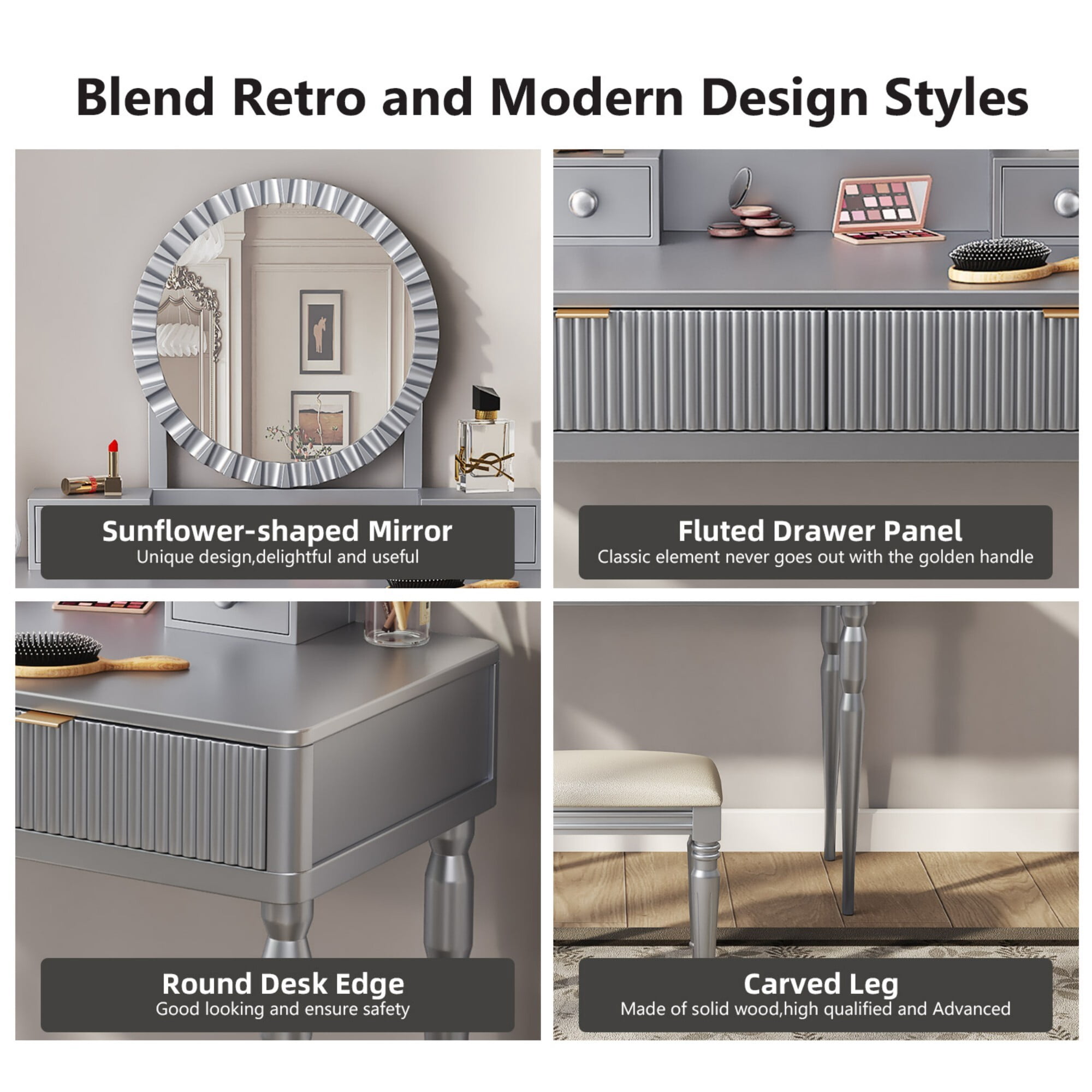 AENKYO Vanity Table with Stool & Adjustable Mirror, Vintage Modern Solid Wood Makeup Desk with 4-Drawer, Silver