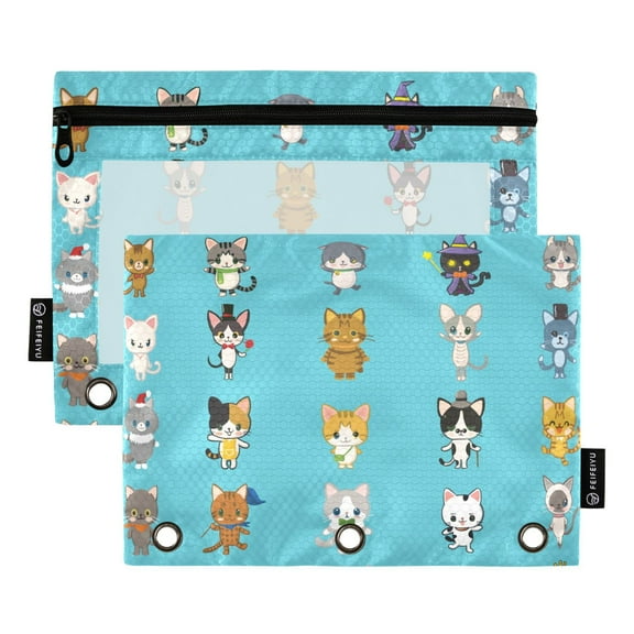 2 Pack Pencil Pouch for 3 Ring Binder Cartoon Cute Cats Pencil Case Clear Window Zipper Pencil Bag Organizers
