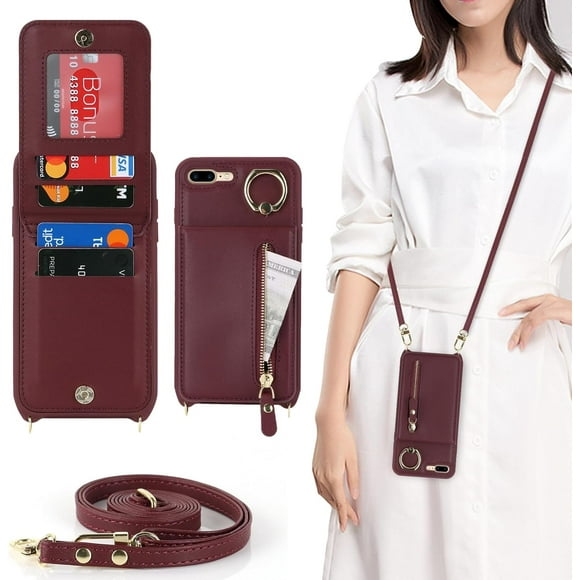 czcpp-for iPhone 8 Plus Phone Case with Card Holder, for iPhone 7 Plus Case for Women with Strap,Crossbody Lanyard Cases with Credit Card Slots with Ring Holder Stand Case,5.5 Inch,Burgundy
