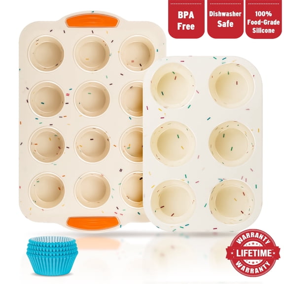 Muffin Cupcake Baking Pan, 12 Cup Small/Mini, 6 Cup Standard/Large, Nonstick Silicone, BPA Free, Dishwasher Safe, 100 Cups, Mini Muffin Cakes, Tart, Bread