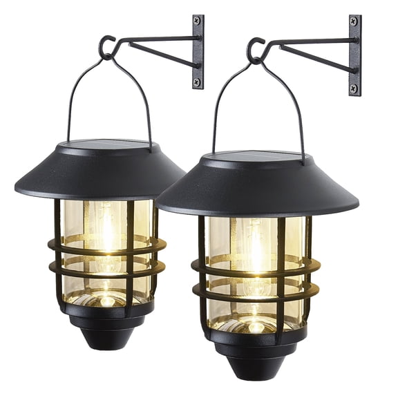 Solar Hanging Lanterns Outdoor, 2 Pack Waterproof Glass and Metal Lights with Wall Mount Brackets, Auto Dusk to Dawn Garden Lantern for Fence and Porch, Warm White