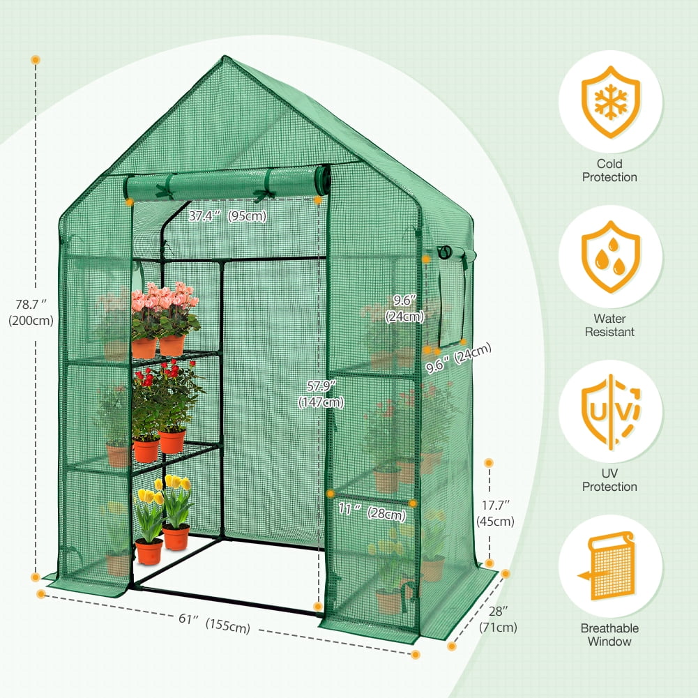 EAGLE PEAK 61'' x 28'' x 79'' Walk-in Greenhouse with 2 Tier 4 Shelves, Zipper Entry Door, and 2 Side Windows