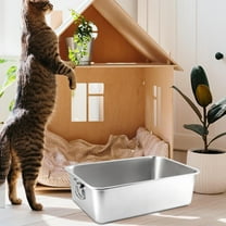 Cat for Indoor Cats, Open Top Pet Litter Tray, Stainless Steel Pet Litter Basin, Portable Cat Sand Box, Sturdy Large Kitten Toilet 60x40x10cm w Handle