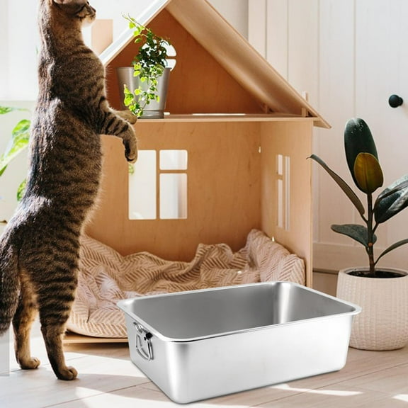 Cat for Indoor Cats, Open Top Pet Litter Tray, Stainless Steel Pet Litter Basin, Portable Cat Sand Box, Sturdy Large Kitten Toilet 60x40x10cm w Handle