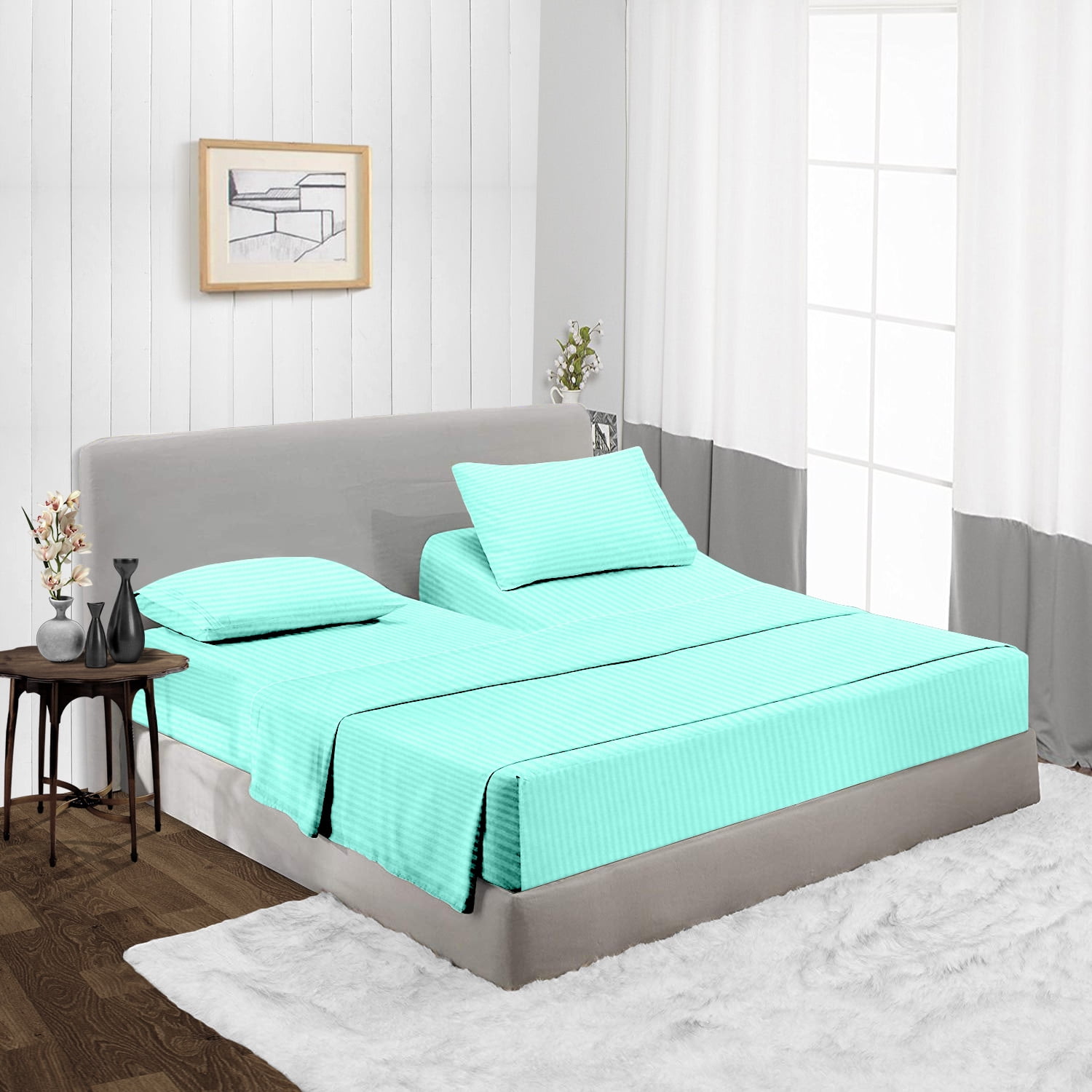 Split Head King Size Top Split Sheet Set of 4 Pcs, Adjustable Split 34 inches from The Top, Egyptian Cotton 600 Thread Count Stripe, 18 Inch Deep Pocket For Adjustable Beds, Aqua Blue