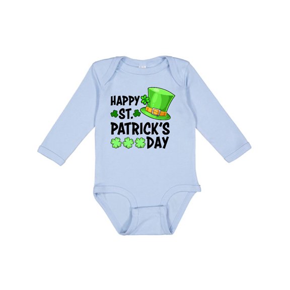 Inktastic Happy St. Patrick's Day Green Hat and Clovers Boys or Girls Long Sleeve Baby Bodysuit