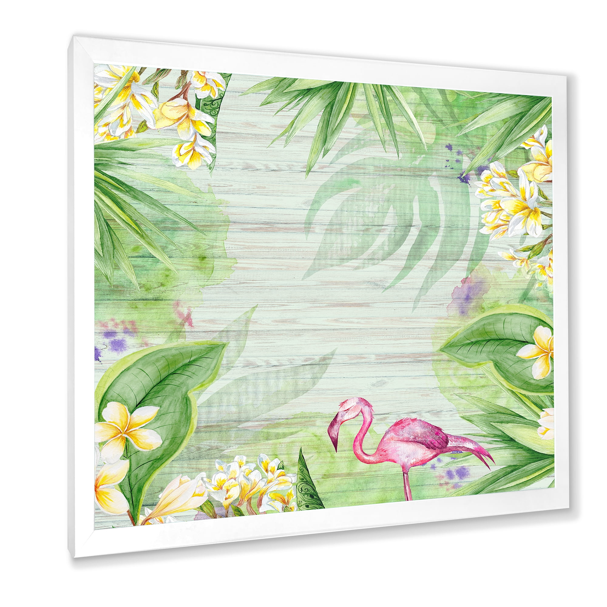 Designart 'Yellow Flowers, Tropical Foliage With Flamingo I' Modern Framed Art Print