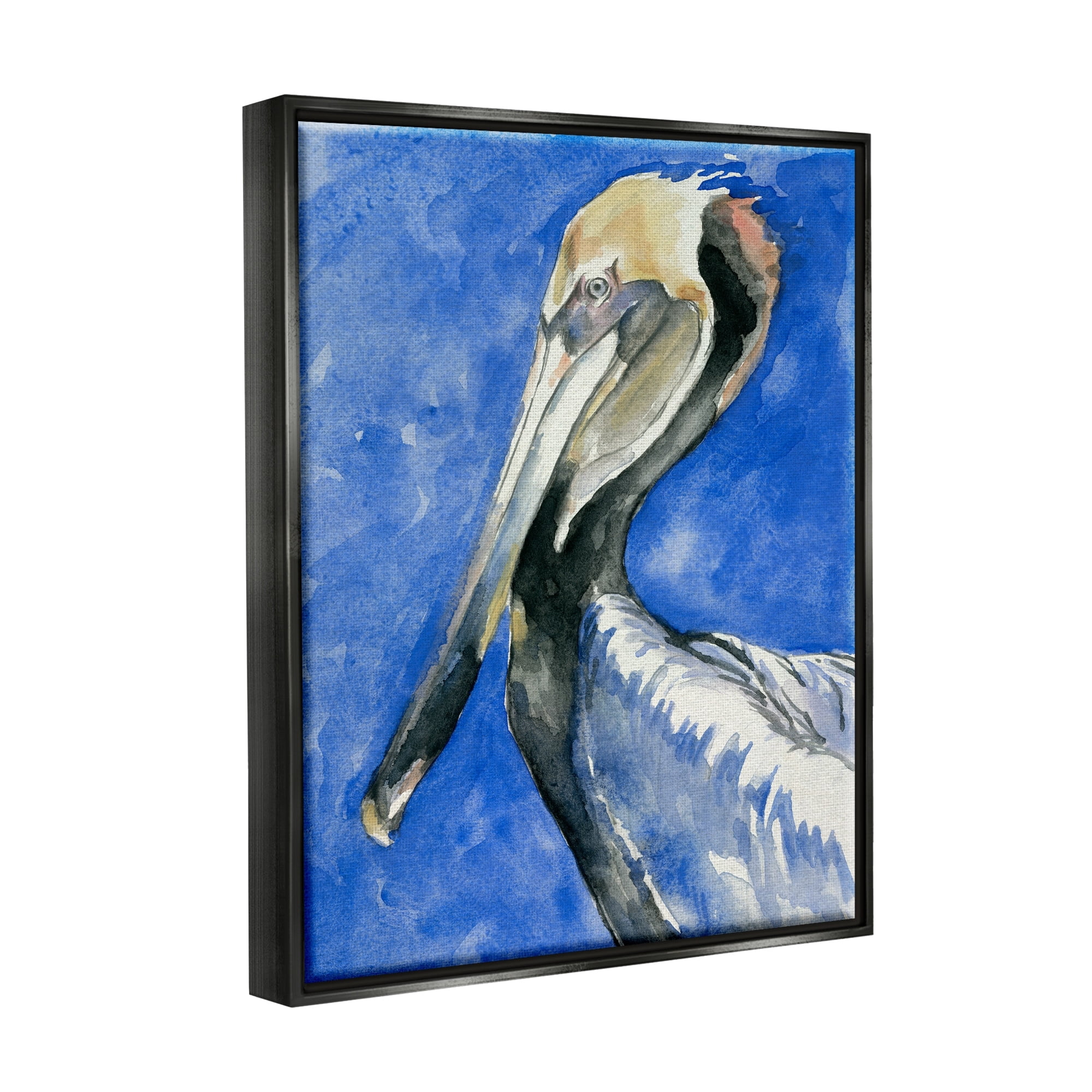 Stupell Industries Vivid Pelican Wildlife Bird Blue Watercolor Detail Painting Jet Black Floating Framed Canvas Print Wall Art, Design by Jennifer Paxton Parker