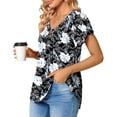 thumbnail image 3 of Women's V-Neck T-Shirt with Short Petal Sleeves, Back Pleats, and Loose Fit in Black Base with White Floral Print, Size XL, 3 of 5