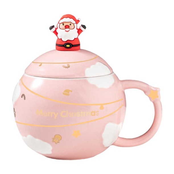 Taza de cerámica navideña, taza de café, regalo de Navidad, encantadora taza decorativa con tapa, Navidad Rosa