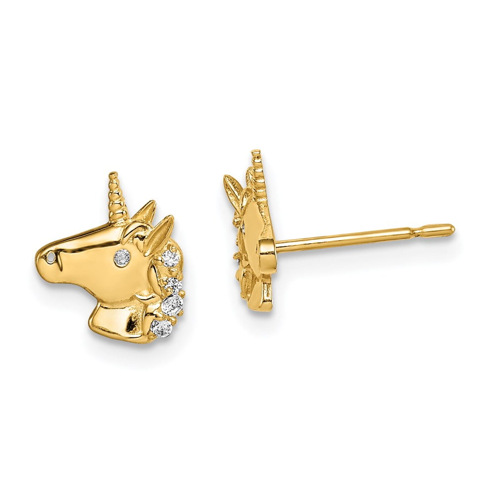 Solid 14k Yellow Gold Unicorn CZ Cubic Zirconia Stud Earrings