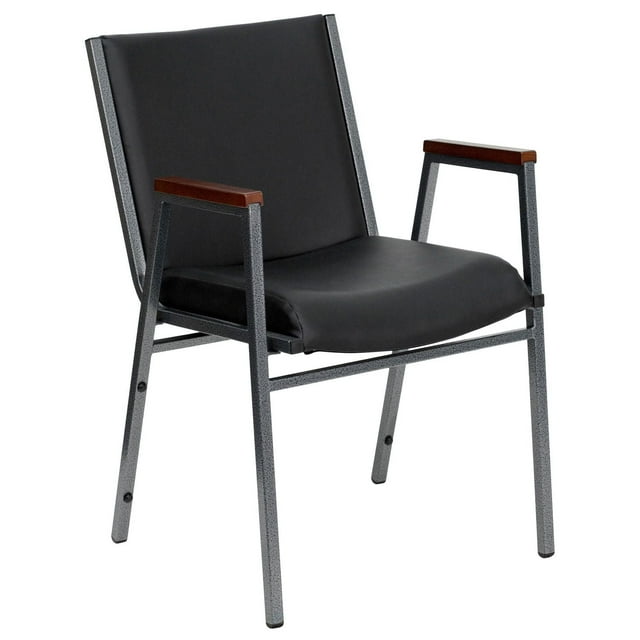 Chaise empilable robuste de la série HERCULES en vinyle noir avec appuis-bras