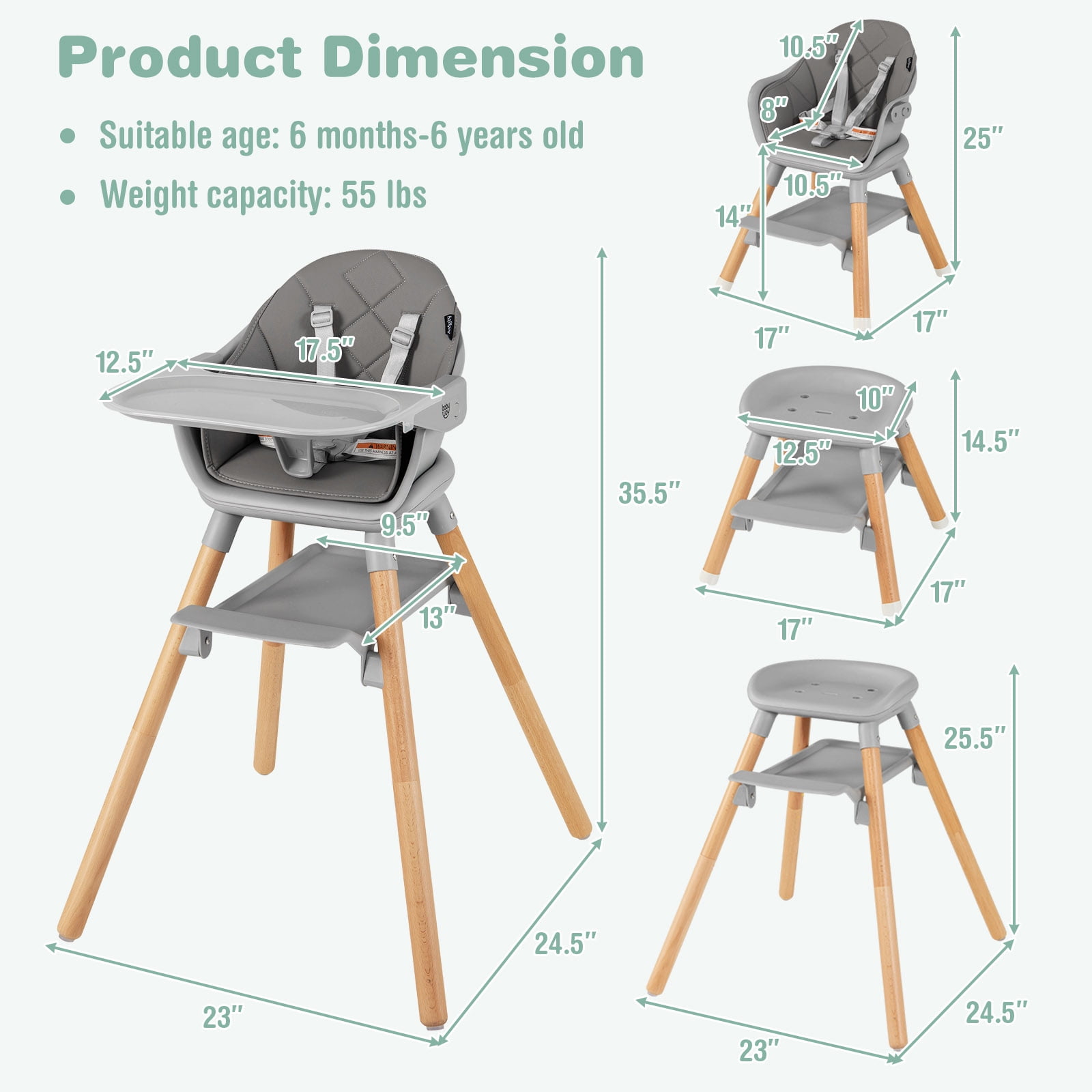 Costway 6-in-1 Convertible Wooden Baby Highchair Infant Feeding Chair with Removable Tray Gray