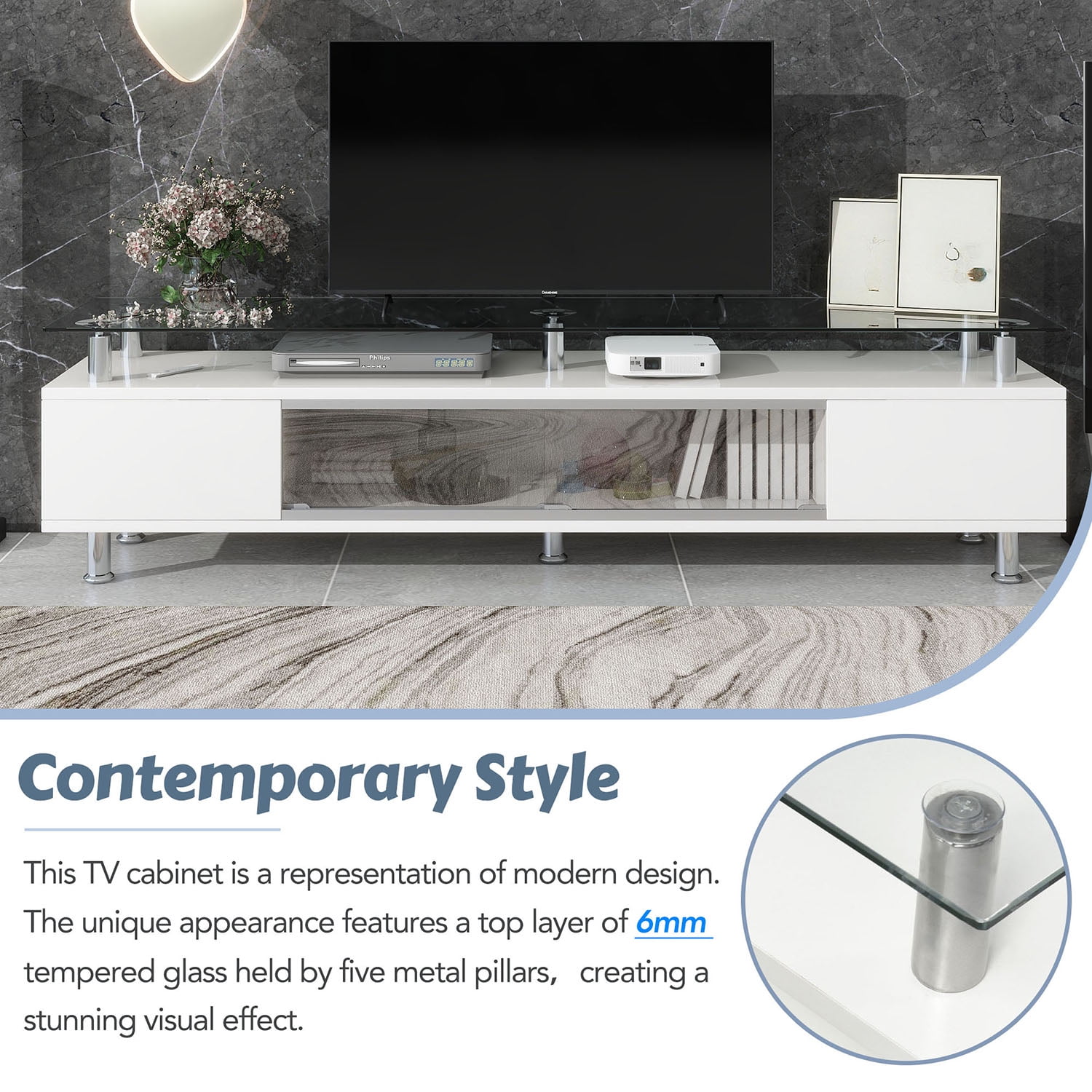 YYAo Modern TV Stand for TVs Up to 70", Gaming LED TV Media Console Table with with Sliding Glass Door for Living Room, White YYAo Modern TV Stand for TVs Up to 70", Gaming LED TV Media Console Table with with Sliding Glass Door for Living Room, White