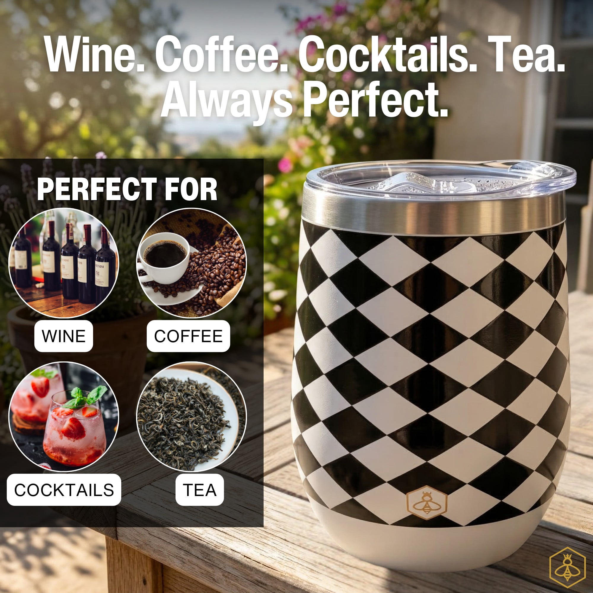 Biddlebee 12oz Stainless Steel Insulated Wine Tumbler, Black & White Check