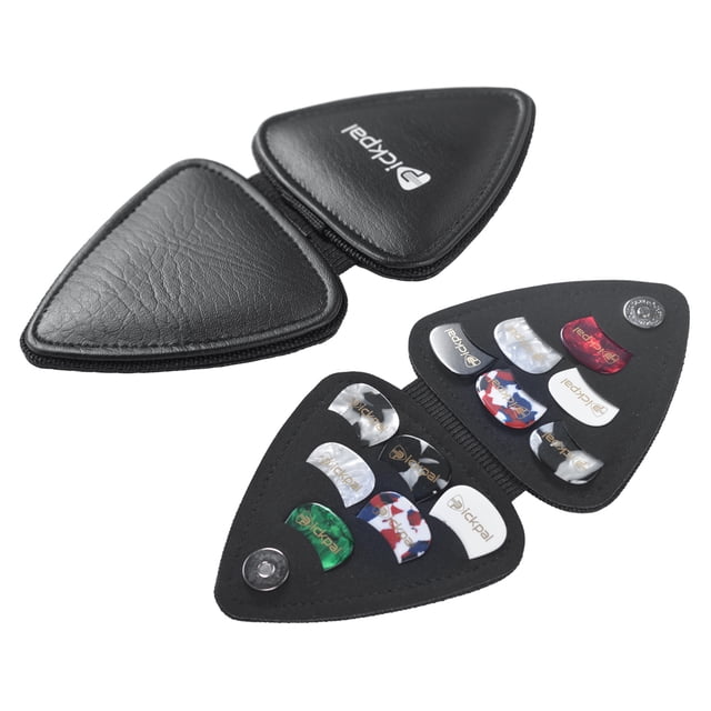 Graflsoa Shockproof Guitar Pick Holder with 12 Assorted Picks - Compact Black Leather Case for Easy Storage and Portability