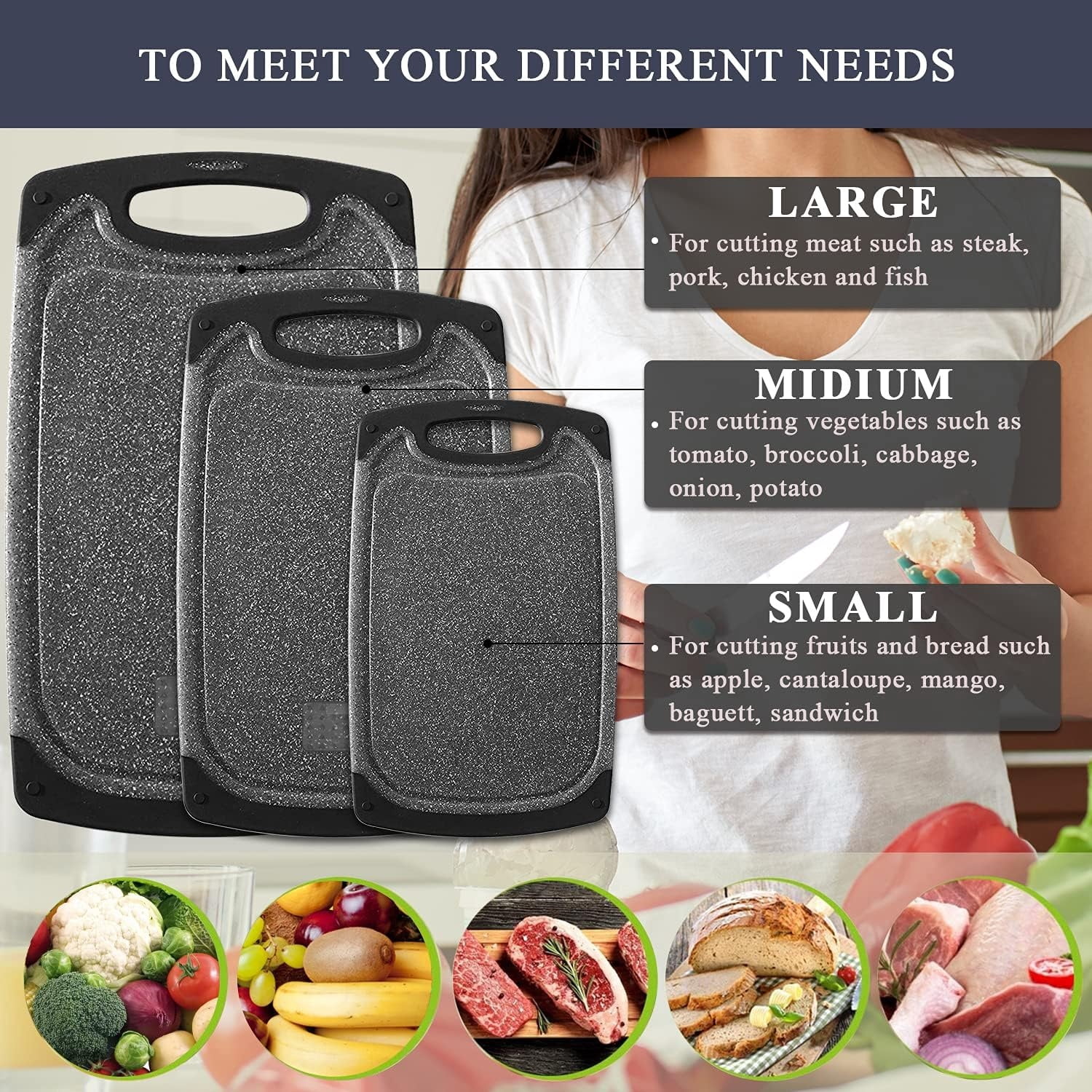 Cutting Boards for Kitchen, Large-Small Cutting Board Set of 3, Juice Groove, Easy Grip Handle, Non-Slip Rubber Cutting Board