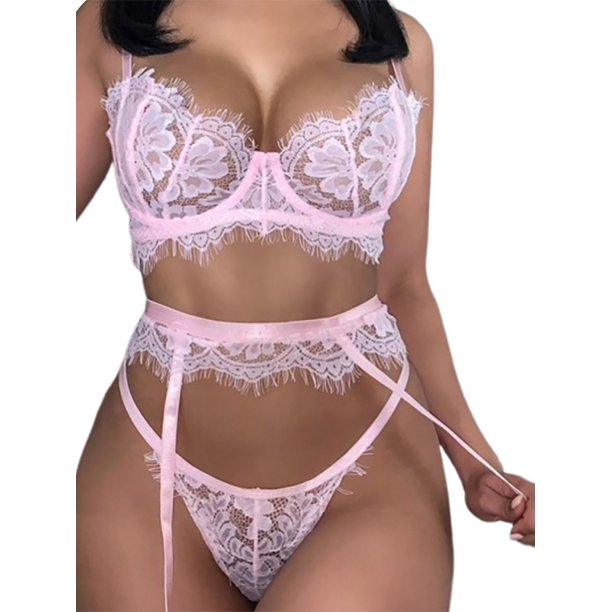 VISgogo Conjunto de lencería sexy para mujer de 3 piezas, Sujetador de encaje de pestañas transparente con correas de espagueti + Tanga + Liguero VISgogo moda